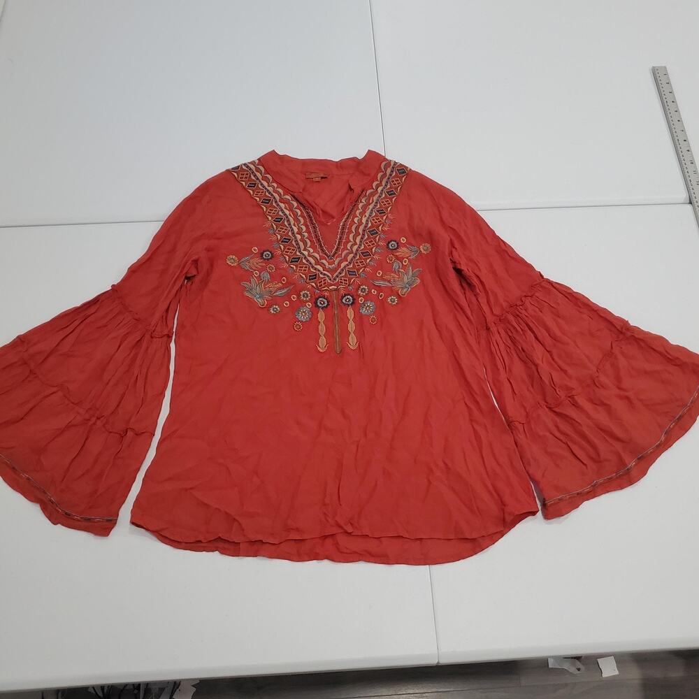 Scully Shirt Womens Large Orange Embroidered Boho Peasant Tunic Bell Sleeve